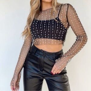 Black Sheer Mesh Long Sleeve Top with Pearl Embellishments